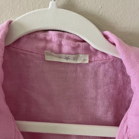 100% Linen Wrap Top Coverup Pink Puff Sleeve Balloon Blouse Collared Crop Italy - Picture 3 of 6